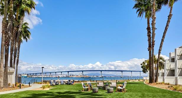A group of palm trees next to a body of water

Description automatically generated